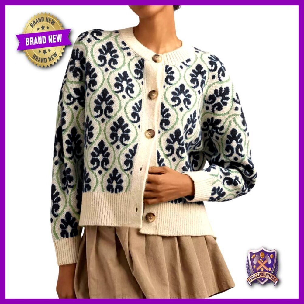 Floral Cardigan Sweater Open Front Long Sleeve Button Down Knit Vintage
